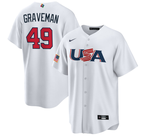 Men's USA Baseball #49 Kendall Graveman 2023 White World Baseball Classic Replica Stitched Jersey